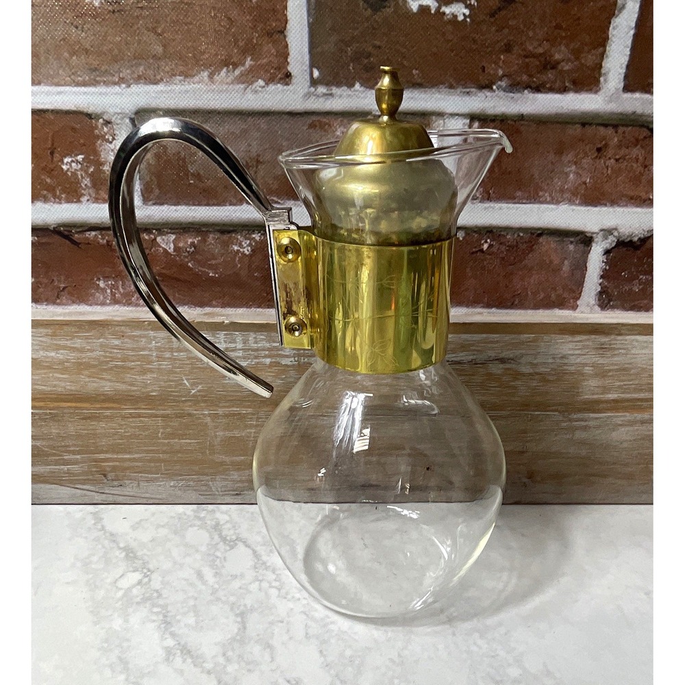 Clear Glass Pitcher Carafe w/ Metal Handle, Gold/Silver Tone Lid, Spout